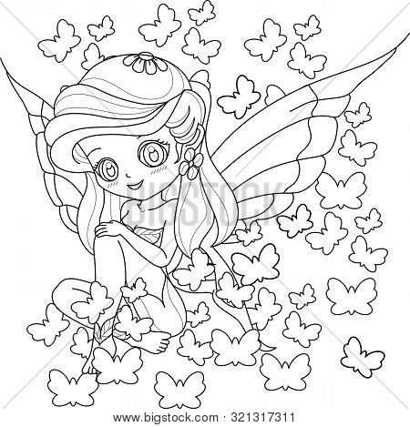 Spring Little Fairy Girl With Wings, Outlined For Coloring Book Isolated On A White Background, Vect
