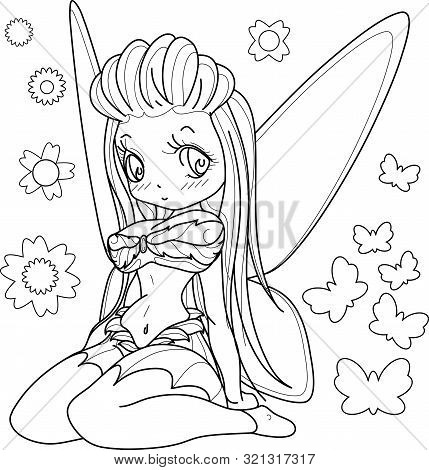 Beautifull Fairy Girl With Wings, Outlined On White Background For  Adult Coloring Book, Vector Illu