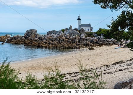 Kerlouan, France - August 1, 2018: The Lighthouse Of Pontuvel Finistere Brittany