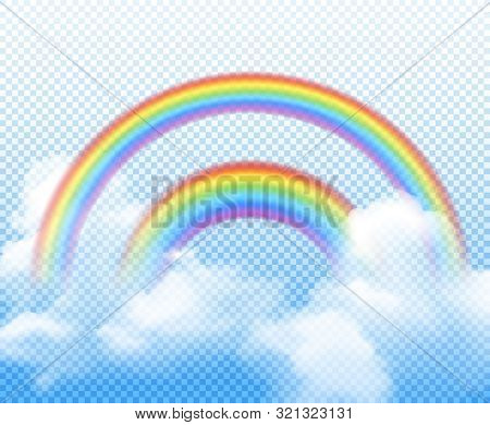 Double Rainbow From Different Semi Circles With White Clouds Realistic Composition On Transparent Ba