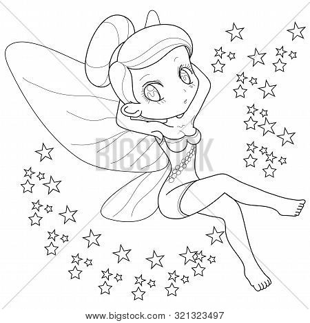 Black And White Image Of A Fantasy Fairy Girl With Wings, Outlined On White Background For  Kids Col