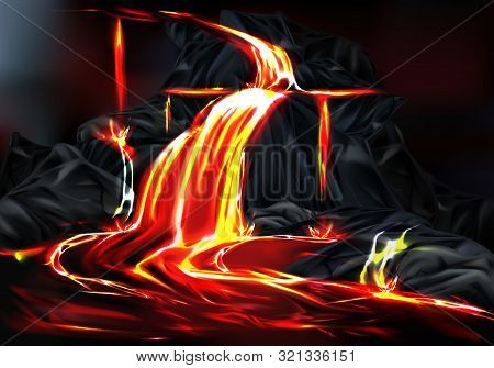 River And Fountains Of Hot Lava Flowing From Mountain Rocks During Volcano Eruption Realistic Illust