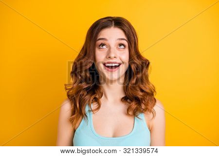 Photo Of Cute Pretty Charming Beautiful Attractive Nice Girlfriend Looking Up To See Something Above