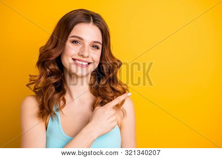 Copyspace Close Up Photo Of Charming Sweet Cute Nice Attractive Girlfriend Pointing At Empty Space W