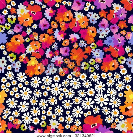 Colorful Wildflowers On Dark Background.  Summer Textile Collection.