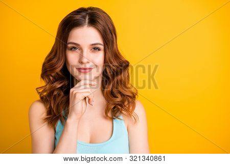 Close Up Photo Of Curly Wavy Cheerful Funny Charming Fascinating Girlfriend Thinking On Something Un