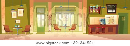 Cartoon Cafe Room - Cozy Interior With Coffee Machine, Table And Places For Customers. Wooden Furnit