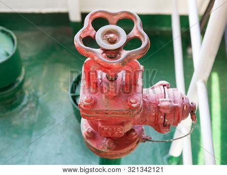 Old Fire Hydrant With Water Valve At The Top Part Aboard River Pleasure Motor Ship Close-up In Selec