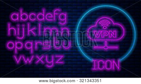 Glowing Neon Vpn Network Cloud Connection Icon Isolated On Brick Wall Background. Social Technology.