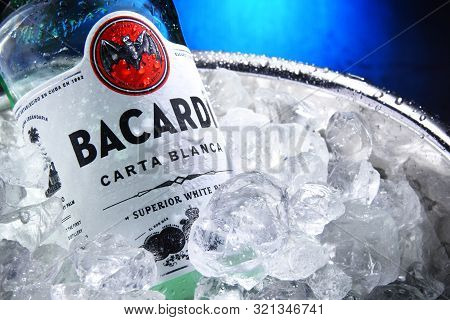 Bottle Of Bacardi Gold Rum In Bucket With Crushed Ice