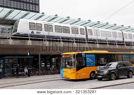 Copenhagen, Denmark - September 4, 2019: Orestad Metro Station With A Subway Train.