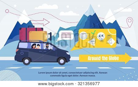 International Tourism And Travel Around Globe Advertising Poster. Holiday Vacation Global Travelling