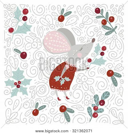 Chirstmas Funny Cartoon Hand Drawn Dreaming Mouse And Holly Pointsettia Berry Card In A Flat And Doo