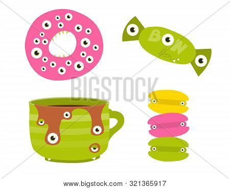 Sweets Stylized As Cute Halloween Monsters. Doughnut, Bonbon, Cupf Of Caffee And Macroons With Many 