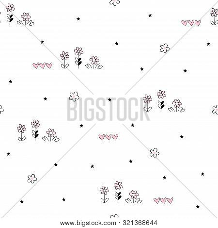 Hand Drawn Cute Fashion Seamless Pattern Background With Flowers, Heart, Star