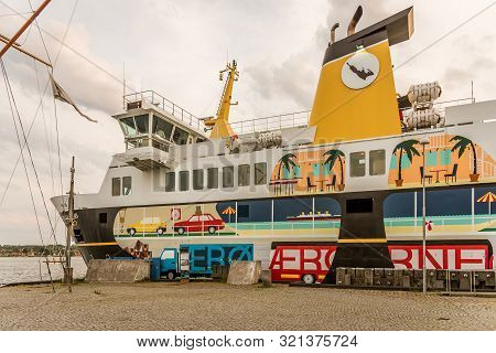 The Colourful Ferry To Aeroe At Quayside In The Harbour-terminal Of Svendborg, Denmark, July 10, 201