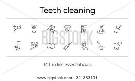 Teeth Cleaning Line Icon Set. Doctor, Brush, Toothpaste, Fairy. Dental Care Concept. Can Be Used For