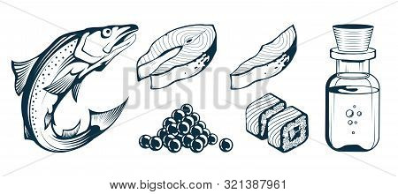 Salmon Fish. Set Raw Fish Steak. Fresh Caviar Salmon. Atlantic Salmon Fillet. Sea Fish. Salmon Oil A