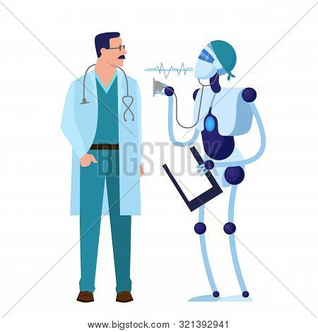 Humand And Robot Doctor. Robotic Technology In Medical