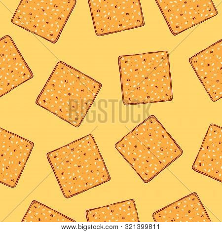 Hand Drawn Crackers With Sesame Seeds Seamless Pattern. Buscuit Sketch Vector Repeat Background.