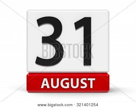 Red And White Calendar Icon From Cubes - The Thirty First Of August - On A White Table - Independenc