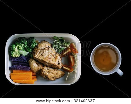 Chicken Breast Clean Food Serve With Raw Fresh Vetgetable On The Black Background With Clipping Path