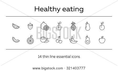 Healthy Eating Icons. Set Of Line Icons On White Background. Pomegranate, Pineapple, Orange. Fruit C