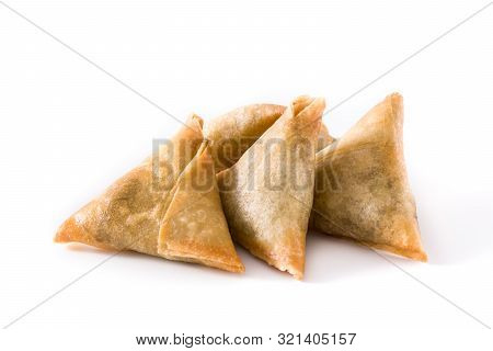 Samsa Or Samosas With Meat And Vegetables Isolated On White Background. Traditional Indian Food