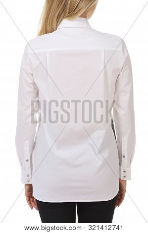 Formal White Long Sleeve Blouse With Assymetric Design On Model Cut Close Up Photo Isolated On White