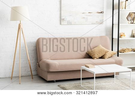 Interior Of Room With Sofa And Pillows, Lamp, White Table