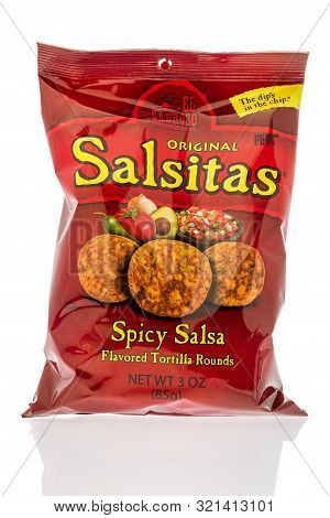 Winneconne, Wi - 10 September 2019:  A Bag Of El Sabroso Orignal Salsitas Spicy Salsa Flavored Toril