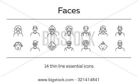 Faces Icons. Set Of Line Icons On White Background. Young Man, Boy, Mid Adult Man. People Concept. V