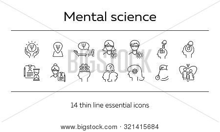 Mental Science Line Icon Set. Patient, Psychologist, Brain Work. Psychology Concept. Can Be Used For