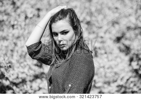 Summer Blooming Trees And Yellow Flowers. Fashion Beauty. Sexy Woman In Spring Blossom. Pretty Woman