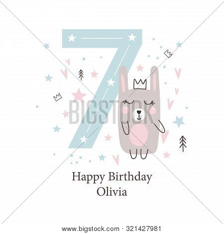 Seventh  Birthday Greetings Card With A Cute Rabbit. Kids Party With Animals. Vector
