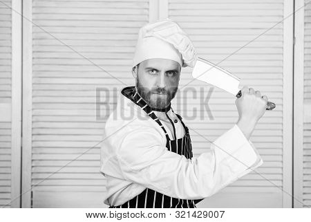 Man Wear Apron Cooking In Kitchen. Man Use Sharp Cleaver Knife. Types Of Knives. Sharp Knife Profess
