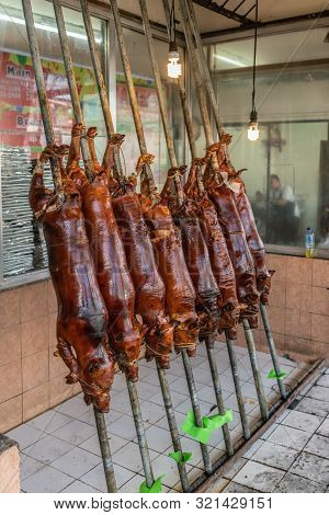 Manila, Philippines - March 5, 2019: Calavite Street In Salvacion Part Of Town. Eight Whole Piglets 