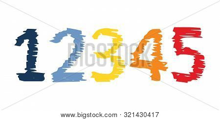 Hand Drawn Numbers 12345. Uppercase Modern Font And Typeface. Multicolored Symbols On White Backgrou