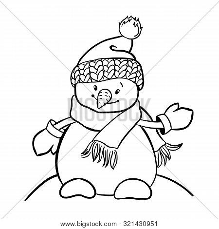Cartoon Snowman With Hat, Scarf And Mittens.