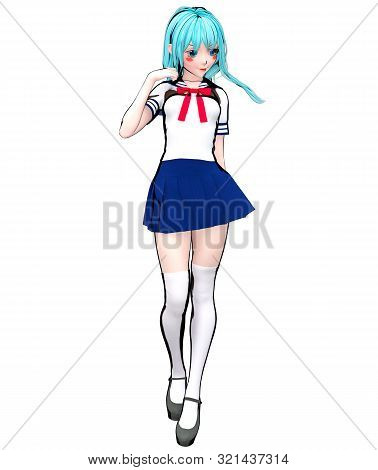 3d Sexy Anime Doll Japanese Schoolgirl Big Blue Eyes.skirt Blue.white Knee Socks.cartoon, Comics, Sk