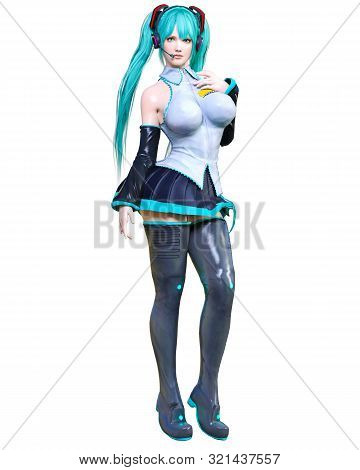 3d Sexy Anime Japanese Girl.futuristic Extravagant Latex Skirt Clothing.headphones With Microphone.c