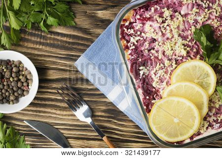 Herring Under Fur Coat. Traditional Russian Salad Herring Under A Fur Coat, Vintage Wood Background.