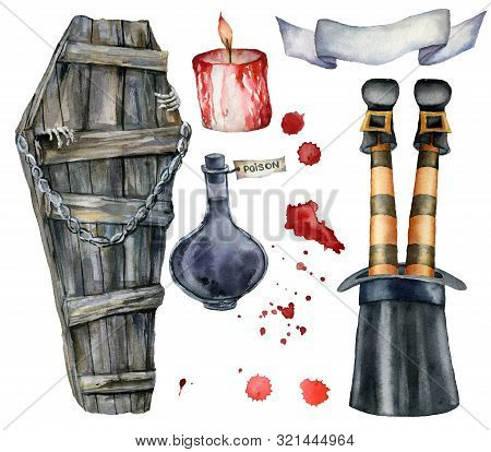 Watercolor Halloween Card With Coffin And Fleet Witch. Hand Painted Holiday Template With Blood, Lan