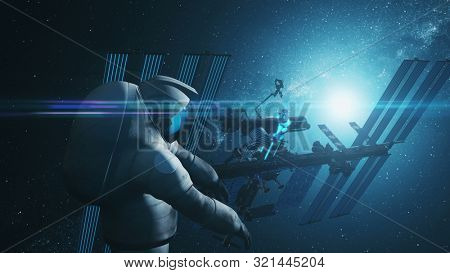 Spaceman in spacesuit flies at blue and black International Space Station lit by starlight. 3d render animation. Science and technology concept. Elements of this media furnished by NASA
