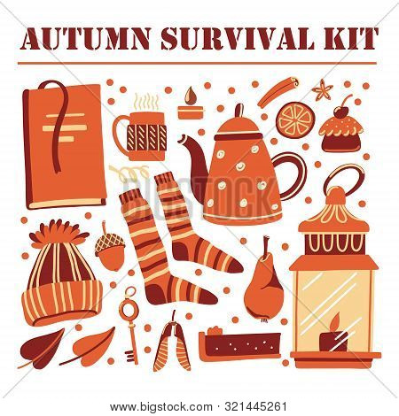 Fall, Autumn Survival Kit Set With Book, Teapot, Mug, Candle, Mulled Wine Spices, Socks, Knitted Hat