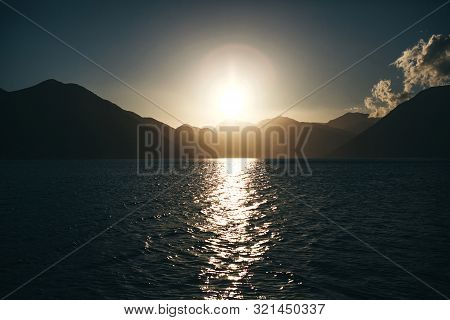 Beautiful Sea View Of Boko Kotor Bay At Sunrise Or Sunset In Montenegro. Natural Mountain Landscape.