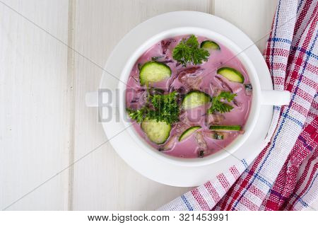 Cold Beet Soup With Cucumbers. Studio Photo
