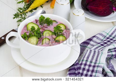 Cold Beet Soup With Cucumbers. Studio Photo