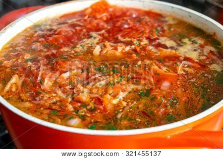 A Bowl Of Red Ukrainian Borshch (borsh), Healthy Food.