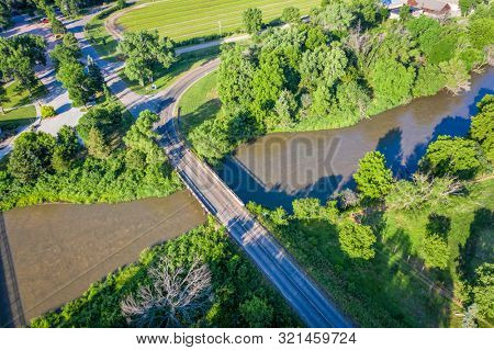 bridge over the Middle Loupe River at Halsey, Nebraska National Forest - aerial view